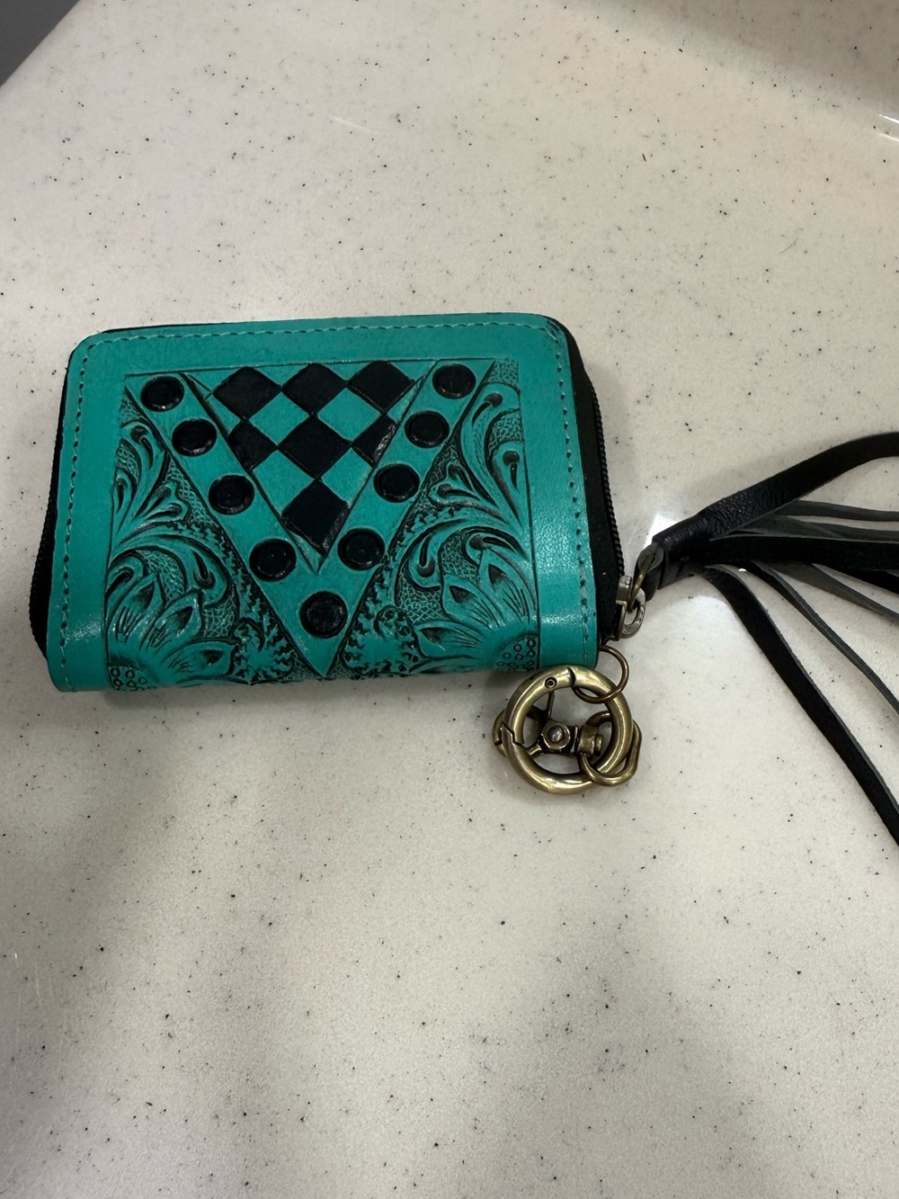 Turquoise Tooled Leather Zip Wallet with Tassel
